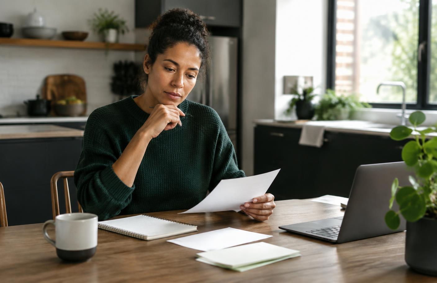 A reader reviewing household financial paperwork at a kitchen table